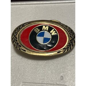 Vintage BMW Belt Buckle Brass Tone Red Enamel Logo Oval Laurel Wreath Automotive